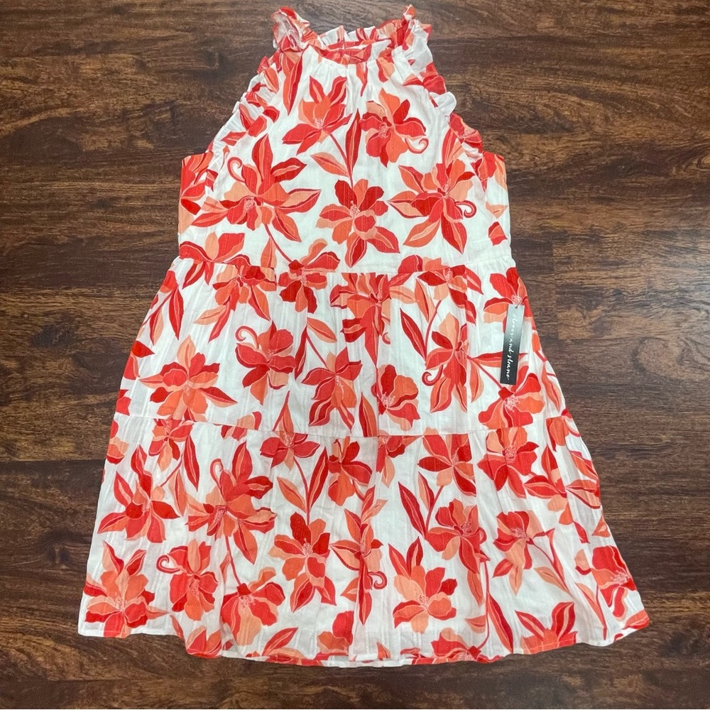 NWT Clover And Sloane Deep Coral & White Floral Tiered Cotton Dress Size Large - Picture 3 of 10
